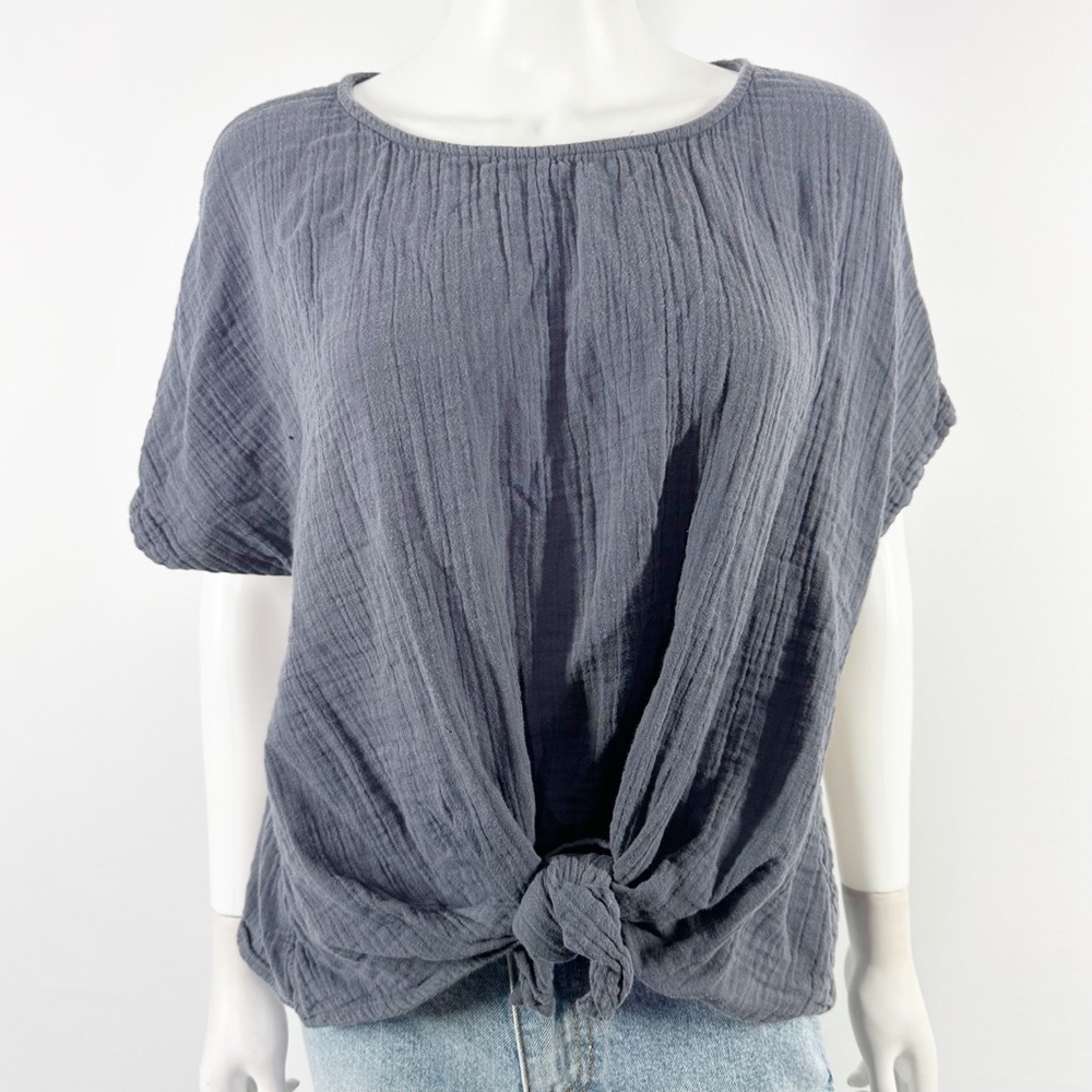 LOFT Gray Crinkle Cotton T-Shirt Top Size L Casual Classic Front Knot